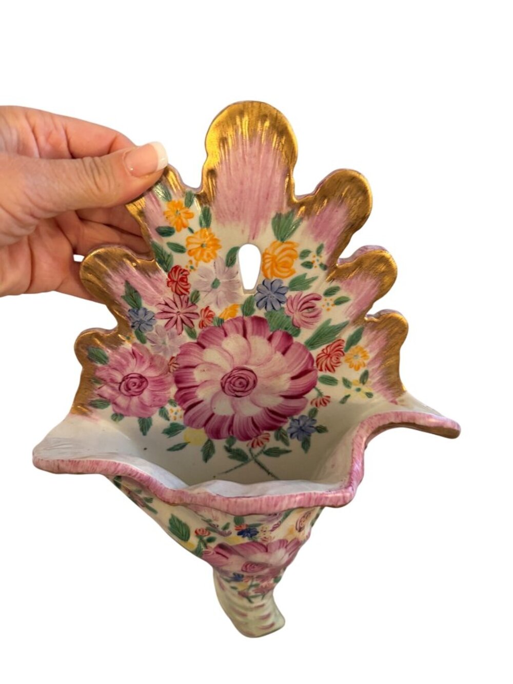 Antique French Cornucopia Shaped Hand-painted Floral Wall Vase Decorative - Picture 4 of 15